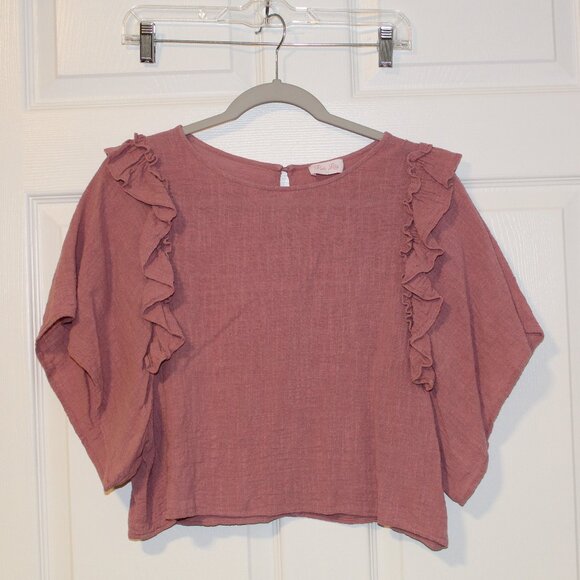 Pink Lily pink-ish ruffle tiered sleeve round neck keyhole button closure crop L - Picture 1 of 6